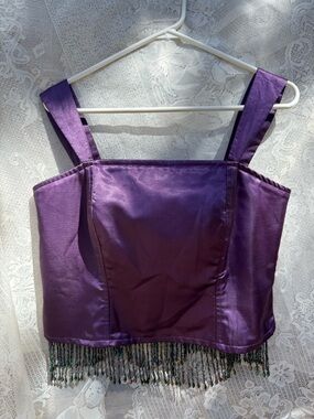 Purple Beaded Fringe Satin Corset Crop Top - Women